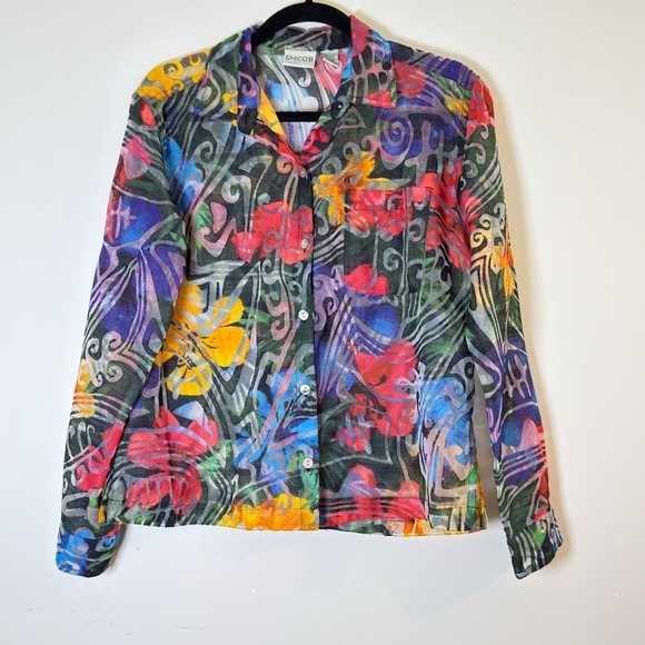 Chico's Tops - Chicos Abstract Burnout Button Down Shirt Multi Color‎ Sheer Blouse Size 0/ S